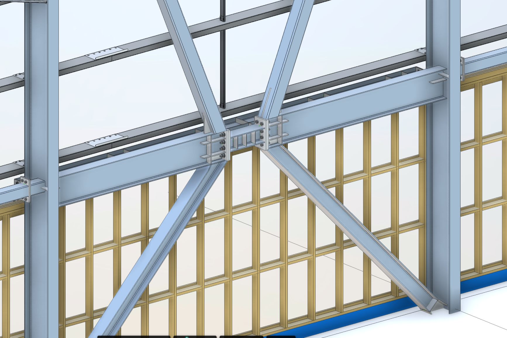 Complex steel joint with glazing